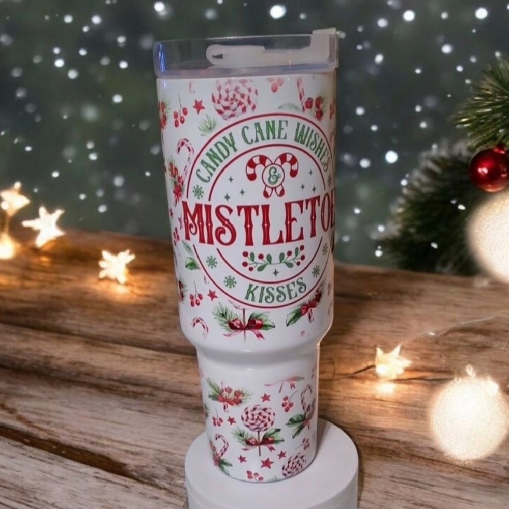 Candy Cane Wishes and Mistletoe Kisses 40oz Traveler Tumbler 💜sale